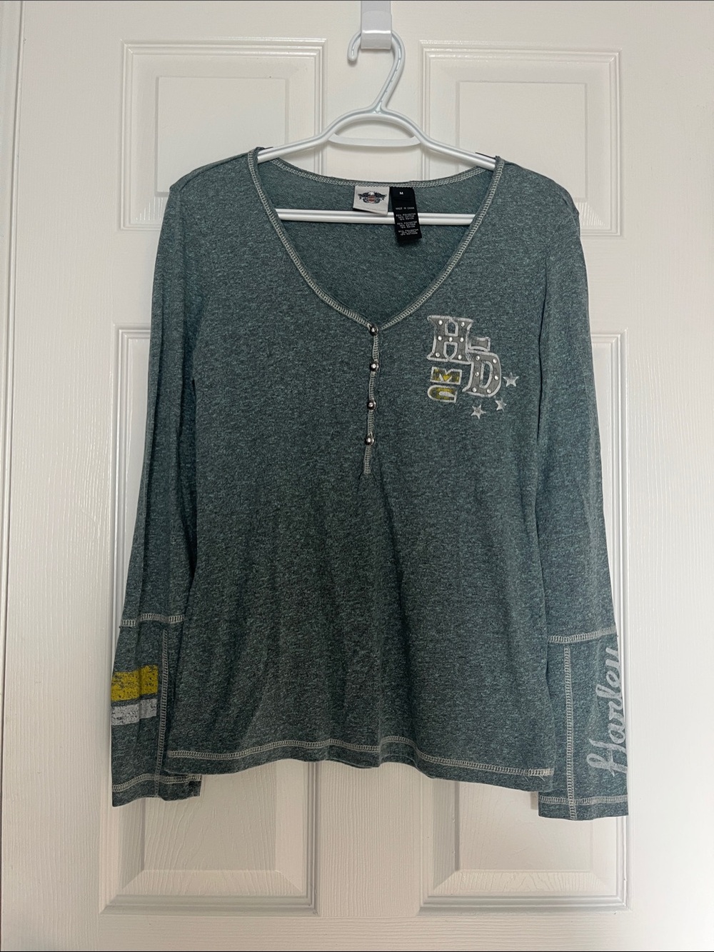 Long Sleeve Henley Top with Embellished Logor